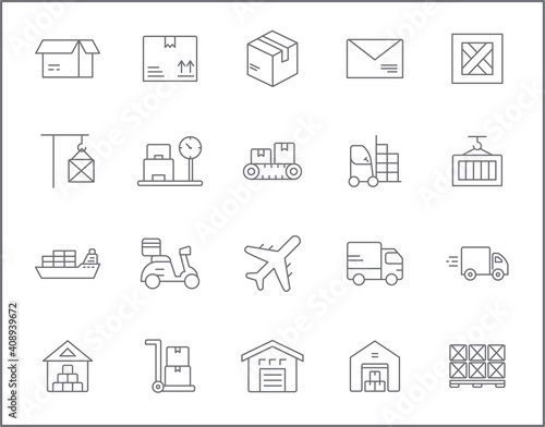 Set of logistics and delivery line style. It contains such Icons as box, shopping, commerce, retail, trade, merchandise, container, vehicle, truck and other elements. customize color, easy resize.