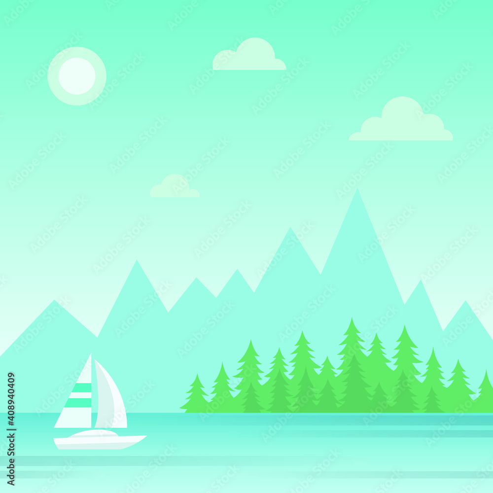 Nature landscape with forest, mountains, river and yacht. Flat design. Vector illustration Nature landscape with forest, mountains, river and yacht. Flat design. Vector illustration
