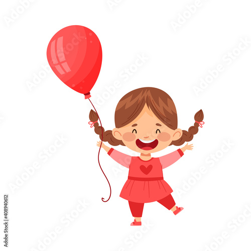 Little Girl Holding Coral Colour Toy Balloon Vector Illustration photo