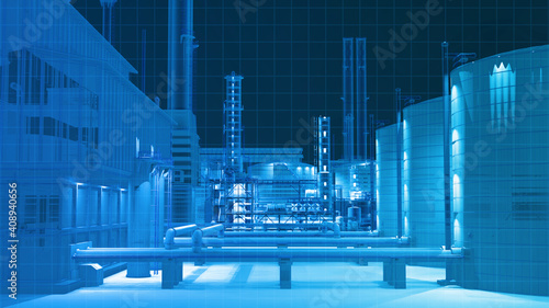 Digital wireframe scan view from infarad camera building scan in the dark in oil refinery factory building , 3D rendering for background composite.