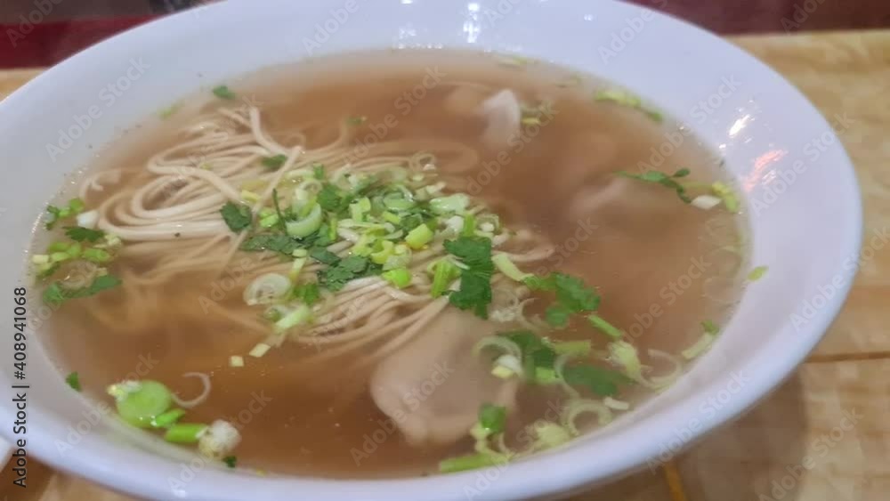 Hot Bowl Of Clear Noodle Soup With Wontons And Green Onion - Close Up Hot Bowl Of Clear Noodle Soup With Wontons And Green Onion - Close Up