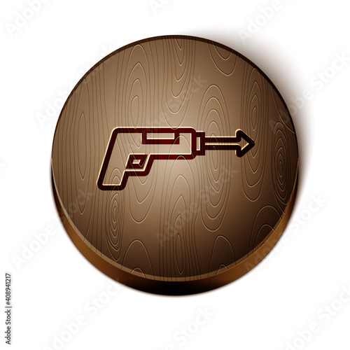 Brown line Fishing harpoon icon isolated on white background. Fishery manufacturers for catching fish under water. Diving underwater equipment. Wooden circle button. Vector.