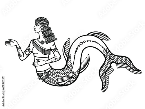 Cartoon linear drawing: beautiful woman, ancient mystical mermaid. Ishtar, Astarta, Inanna. Profile view. Vector illustration isolated on a white background. 