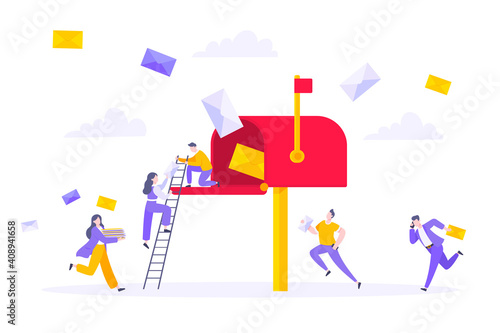 Subscribe now to our newsletter vector illustration with tiny people running toward mailbox. Email news subscription or mail marketing business flat style design concept.