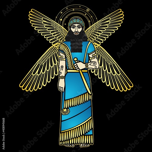 Foto Cartoon color drawing: bearded man with four wings holds a sword in his hands