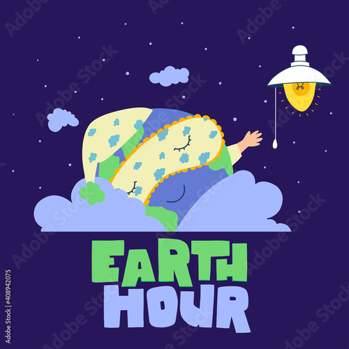 Earth hour, Planet earth in cartoon style on light background.