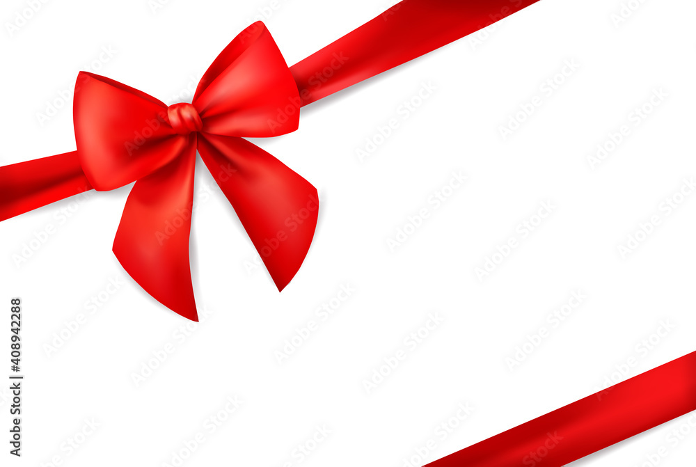 Red ribbon with bow for card on white background. Xmas present. Holiday decoration. Realistic 3d vector illustration. Red ribbon with bow for card on white background. Xmas present. Holiday decoration. Realistic 3d vector illustration.