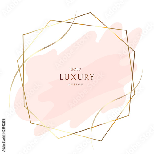 Gold frame. Watercolor wedding invitation card with rose gold vein texture. Pastel pink color brush strokes and gold outline geometric frame. Abstract background.