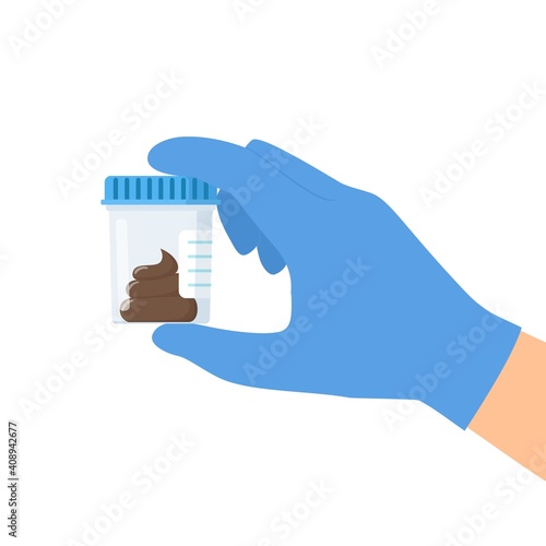 Doctor Hand holding test stool in plastic jars. Medical background, advertising websites. Laboratory research. Equipment for analysis. Vector illustration in flat style