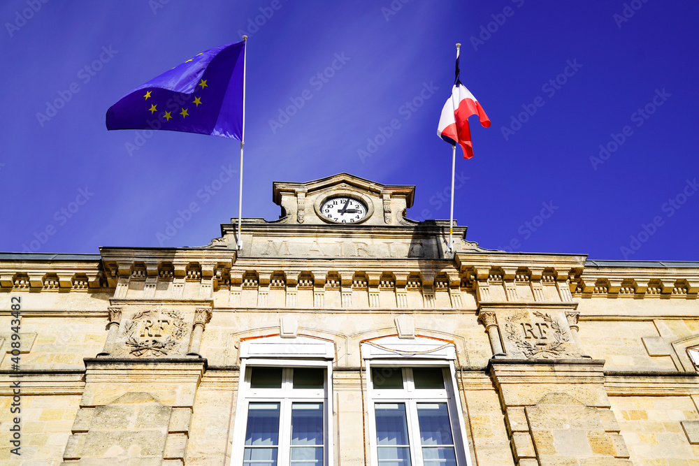 French and eu europa flag on mairie building mean city hall in town in france