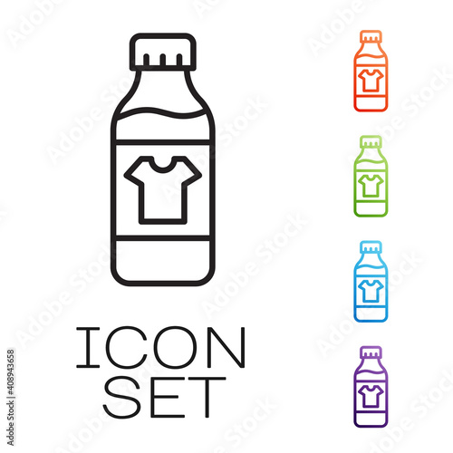 Black line Plastic bottle for laundry detergent, bleach, dishwashing liquid or another cleaning agent icon isolated on white background. Set icons colorful. Vector.