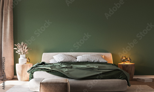 Home interior background, cozy green bedroom with  bright furniture natural wooden tables, modern style, 3d render