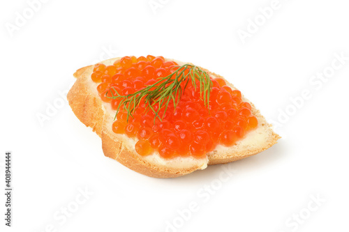 Sandwich with red caviar and dill isolated on white background