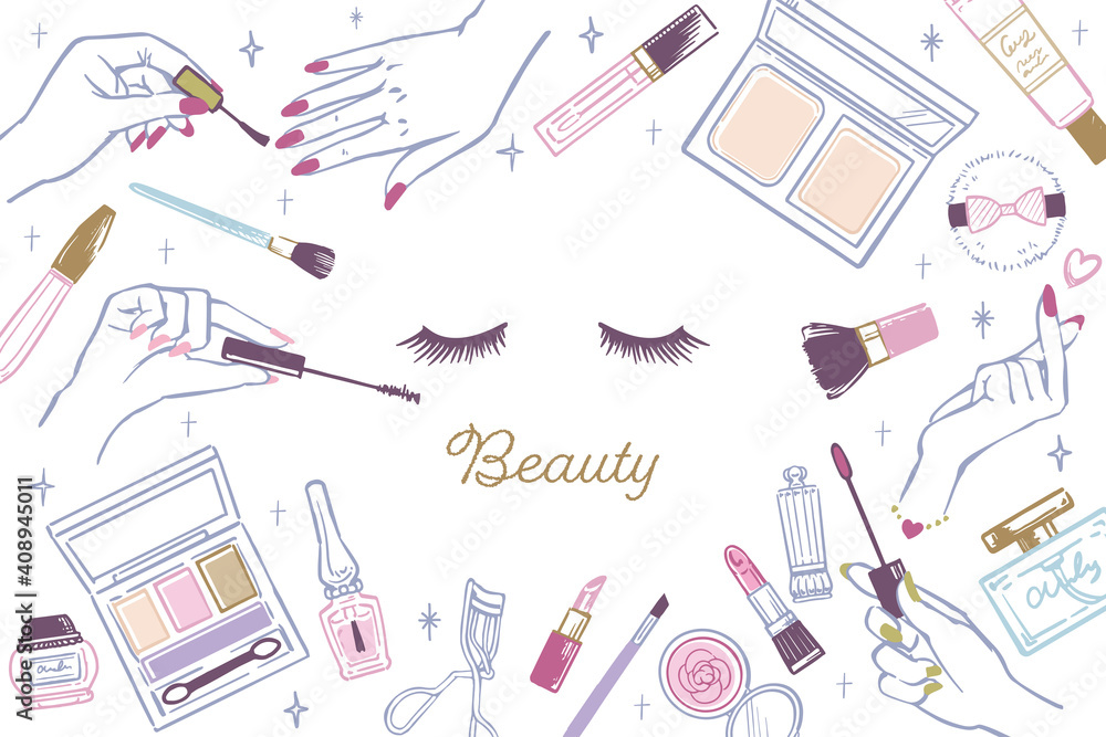 おしゃれかわいいコスメ 化粧道具 手描きイラスト Stock Vector Adobe Stock