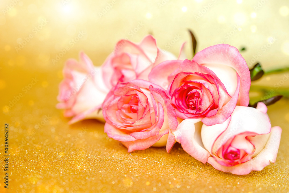 Fototapeta premium Pink rose on a shiny gold background 