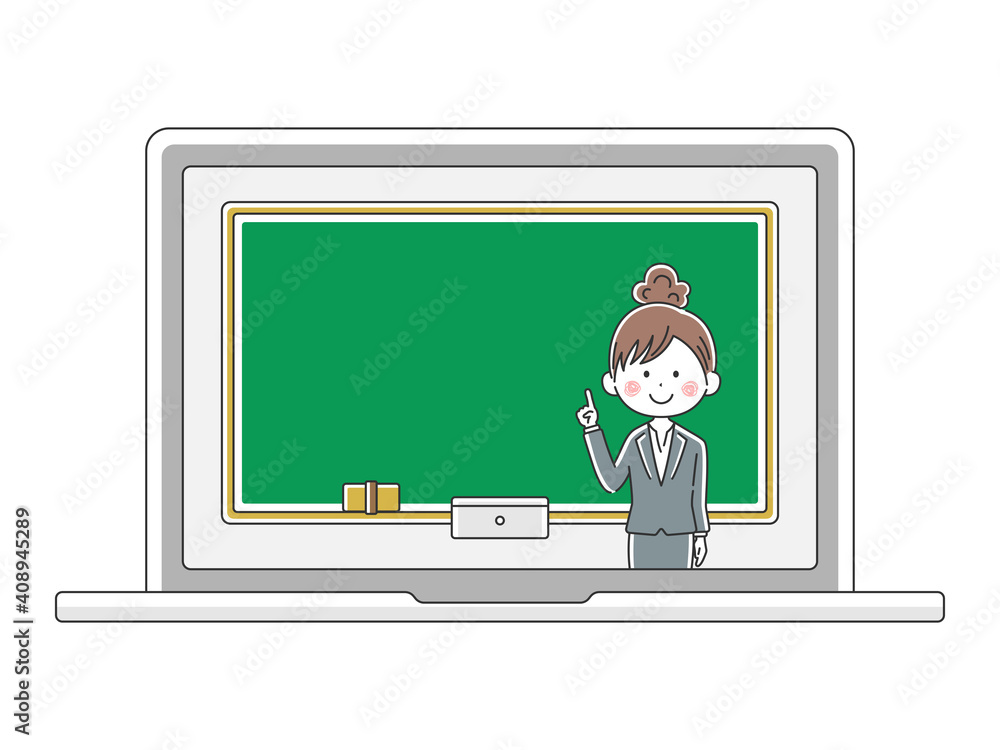 オンライン授業をする日本人女性教師のイラスト オンライン授業をする日本人女性教師のイラスト