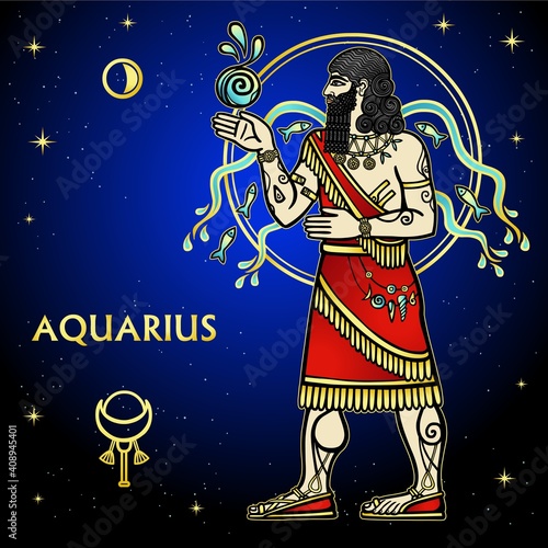 Cartoon color illustration:  Zodiac sign Aquarius. Character of Sumerian mythology. Full growth. Background - night stars sky. Vector illustration