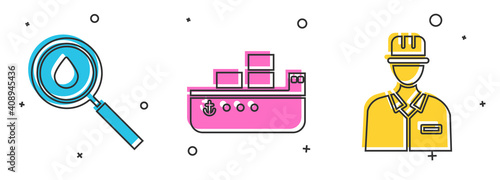 Set Oil drop, Oil tanker ship and Oilman icon. Vector.