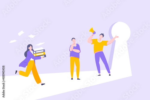 Business key opportunity concept with keyhole and ambitious woman running to career potential and work financial success flat style vector illustration. New way business beginnings and unlock future.