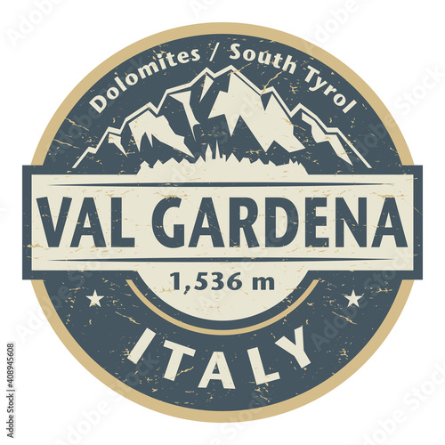 Stamp or label with text Val Gardena, Italy inside
