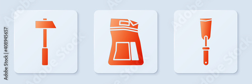Set Cement bag, Hammer and Putty knife. White square button. Vector.