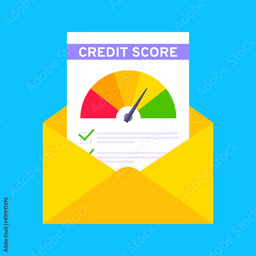 Credit score gauge speedometer indicator with color levels in the envelope. Measurement from poor to excellent rating for credit or mortgage loans flat style design vector illustration.