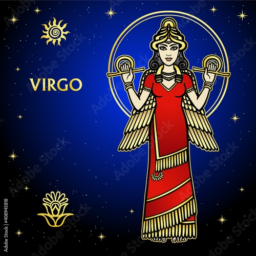 Cartoon color illustration: Zodiac sign Virgo. Character of Sumerian mythology. Full growth. Background - night stars sky. Vector illustration