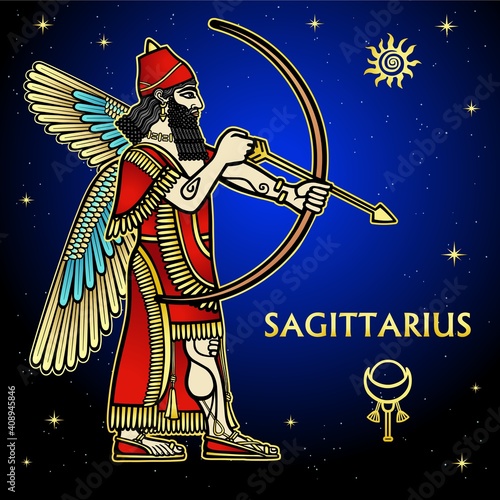 Cartoon color illustration: Zodiac sign Sagittarius. Character of Sumerian mythology. Full growth. Background - night stars sky. Vector illustration