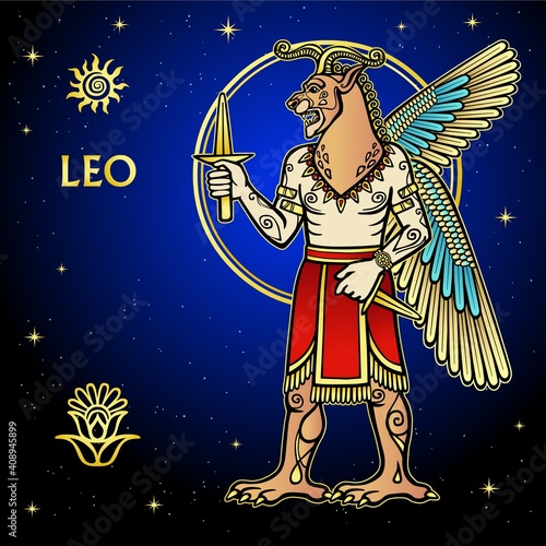 Cartoon color illustration: Zodiac sign Leo. Character of Sumerian mythology. Full growth. Background - night stars sky. Vector illustration