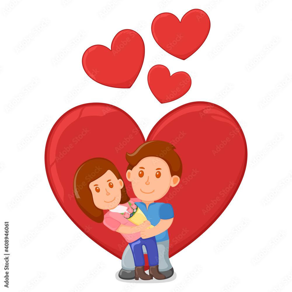 Lovely romantic couple standing hug and gift present, spring valentine day, date lover pair cartoon vector illustration, isolated on white. Lovely romantic couple standing hug and gift present, spring valentine day, date lover pair cartoon vector illustration, isolated on white.