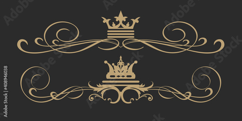 calligraphic design elements in royal style: borders, rotate, scroll for graphic design, gold on black background, vector set photo