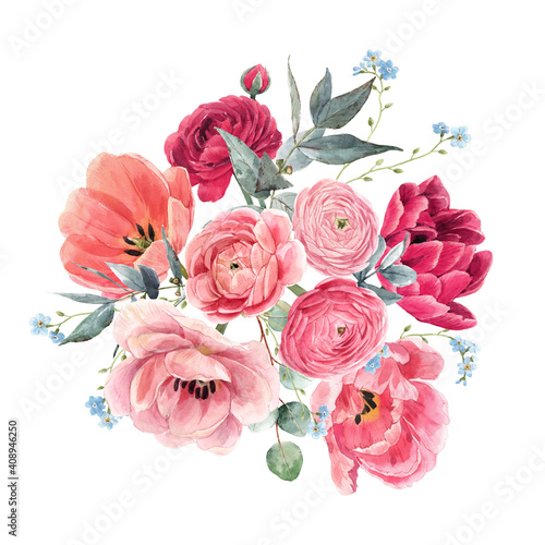 Beautiful floral composition with watercolor gentle red summer flowers. Stock bouquet illustration.