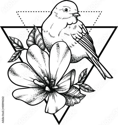 Vector engraving or handrawn illustration of bird on flower on white background
