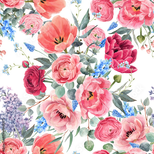 Beautiful seamless floral pattern with watercolor gentle red summer flowers. Stock illustration.