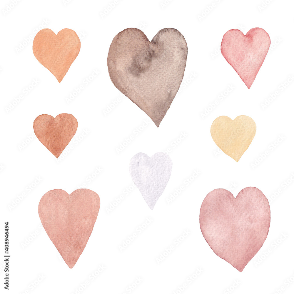 Paint set of watercolor beige hearts a white background. Use for holiday, invitations, birthdays