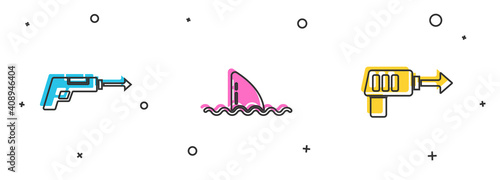 Set Fishing harpoon, Shark fin ocean wave and icon. Vector.