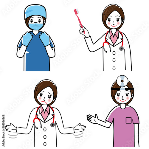 4つのポーズのシンプルな線画女医女性医師のイラストセット｜困惑歯科医手術着額帯鏡バストアップ
