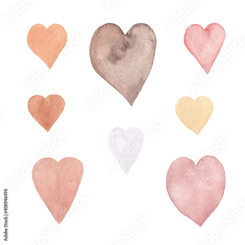 Paint set of watercolor beige hearts a white background. Use for holiday, invitations, birthdays