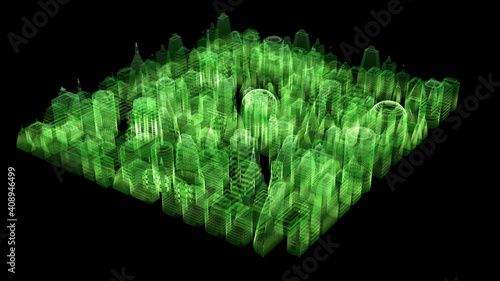 Futuristic digitally generated 3d holographic city with hi-light scanning and 5G communication signals for head up display and user interface design