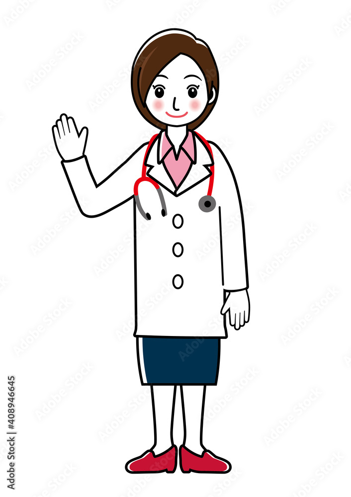 挨拶をする女性医師女医のシンプル線画イラスト 全身白衣スカート Stock Vector Adobe Stock