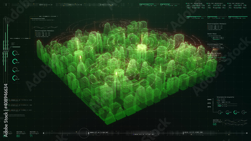 Futuristic digitally generated 3d holographic city with hi-light scanning and 5G communication signals for head up display and user interface design