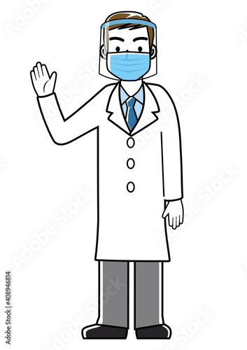フェイスシールドとマスクをつけた男性者医師のシンプル線画イラスト｜全身　白衣
