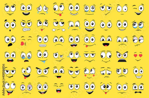 Cartoon faces set. Angry, laughing, smiling, crying, scared and other expressions. Vector illustration.