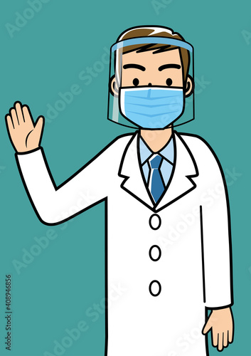 フェイスシールドとマスクをつけた男性者医師のシンプル線画イラスト｜上半身　白衣
