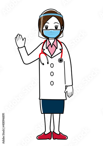 フェイスシールドとマスクをつけた女医女性医師のシンプル線画イラスト｜全身　白衣
