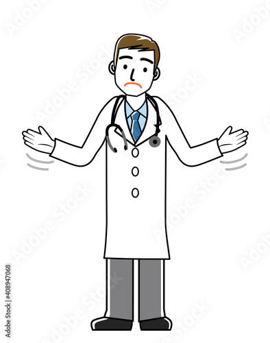 お手上げのポーズをする困惑男性医師のシンプル線画イラスト｜全身　白衣ネクタイ
