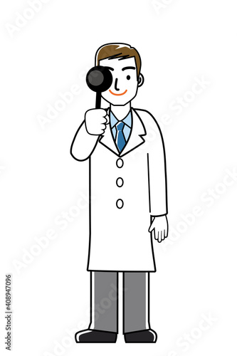 視力検査のポーズをする男性医師のシンプル線画イラスト｜全身　白衣ネクタイ
