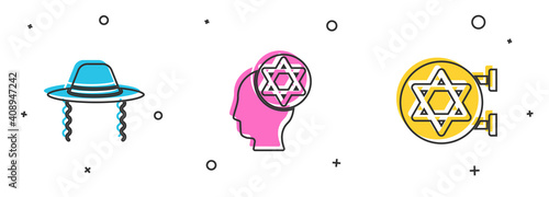 Set Orthodox jewish hat, and Jewish synagogue icon. Vector.