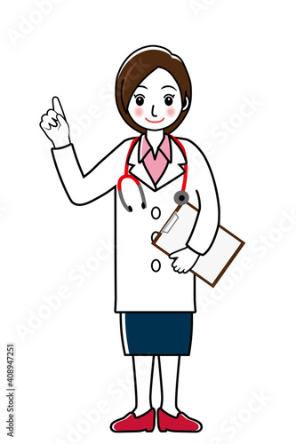 カルテ書類クリップボードを持つ女性医師女医のシンプル線画イラスト｜全身　白衣スカート
