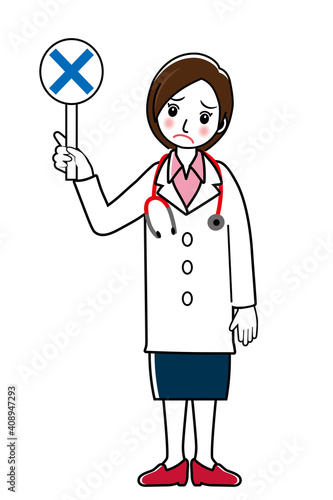マルバツ棒のバツを持つ困惑顔の女性医師女医のシンプル線画イラスト｜全身　白衣スカート
